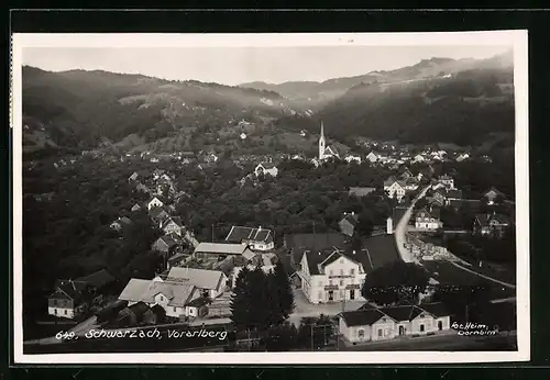 AK Schwarzach, Ortsansicht aus der Vogelschau mit Fernblick