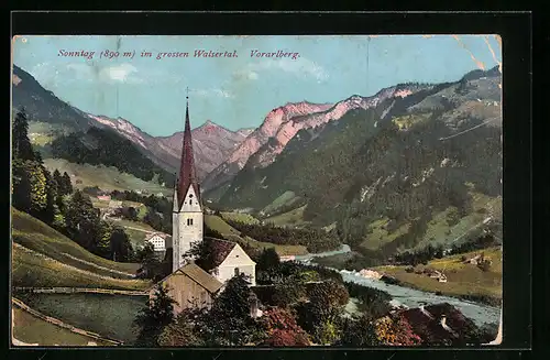 AK Sonntag im grossen Walsertal, Ortspartie mit Kirche