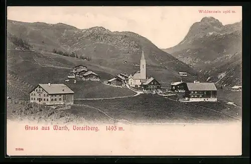 AK Warth, Ortspartie mit Kirche und Widderstein