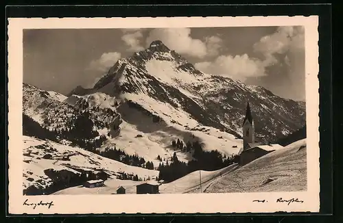 AK Warth, Panorama mit Kirche und Bieberkopf im Schnee
