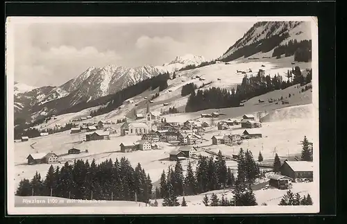 AK Riezlern, Teilansicht mit Kirche und Nebelhorn im Schnee