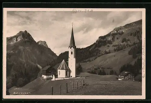 AK Schröcken, Ortsansicht mit Kinzelspitze