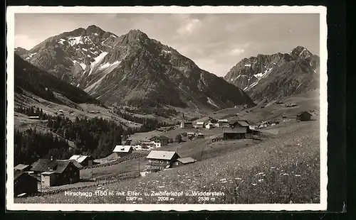 AK Hirschegg, Ortsansicht mit Bergspitzen