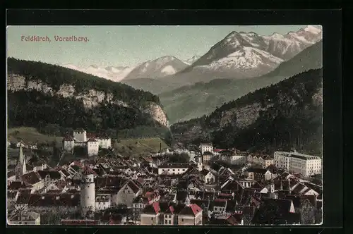 AK Feldkirch, Totalansicht mit Bergpanorama