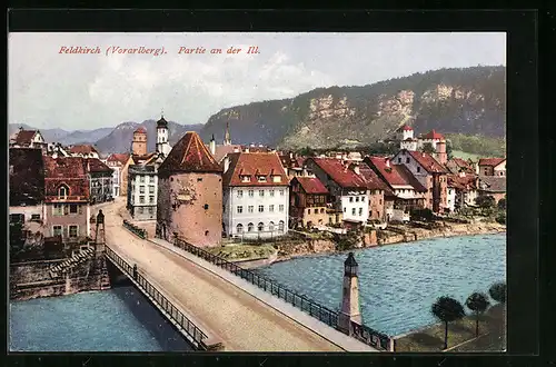 AK Feldkirch, Illbrücke mit Ortspanorama aus der Vogelschau