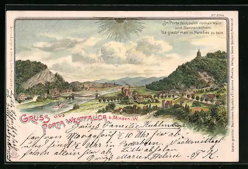 Sonnenschein-AK Porta Westfalica, Ortsansicht aus der Vogelschau