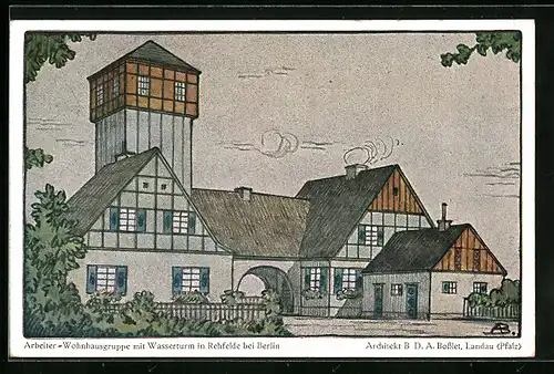 AK Rehfelde, Arbeiter-Wohnhausgruppe mit Wasserturm