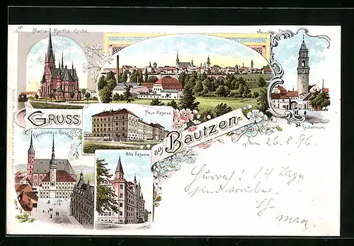 Lithographie Bautzen, Ortsansicht, Neue Kaserne, Maria-Martha-Kirche, Reichenturm