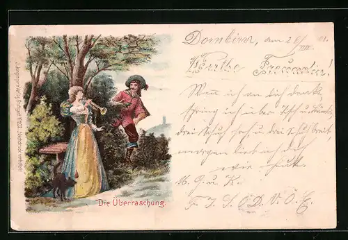 AK Die Überraschung, Frau mit Trompete