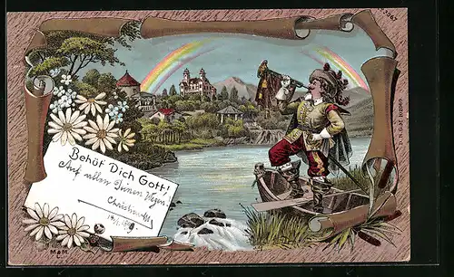 AK Behüt Dich Gott!, Trompeter auf Boot vor der Stadt mit Regenbogen