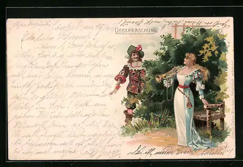 AK Überraschung, Frau mit Trompete