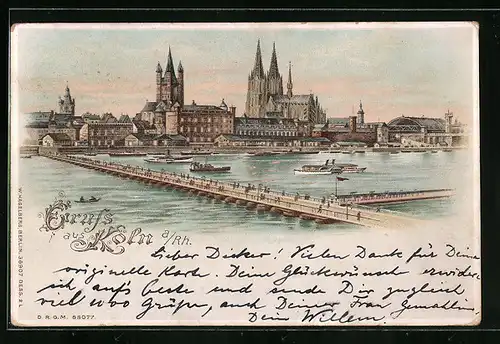 Lithographie Köln a. Rh., Uferpartie mit Dom, Halt gegen das Licht