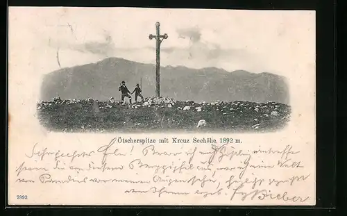 AK Oetscherspitze mit Gipfelkreuz und zwei Wanderern