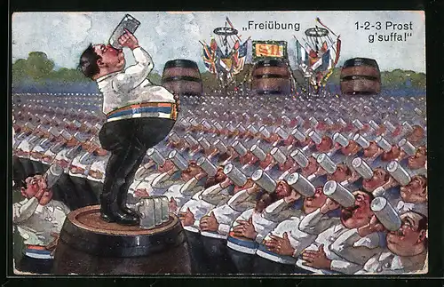 AK Freiübung, 1-2-3 Prost g`suffa!, Männer trinken Bier