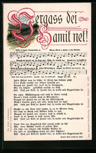 Lied-AK Anton Günther Nr. 47: Vergass dei Hamit net! - Liedtext mit Noten, Erzgebirgslandschaft
