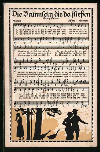 Künstler-AK Die Brünnlein die da fliessen - Paar und weinende Frau (Scherenschnitt)