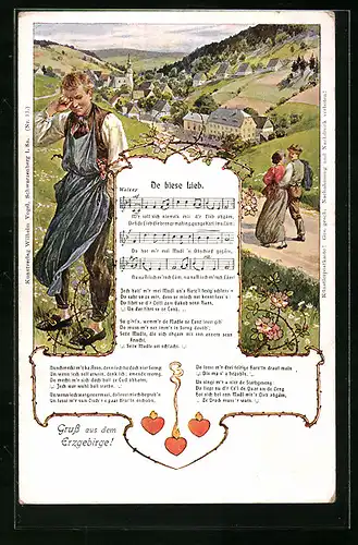 Künstler-AK De biese Lieb - Weinender Mann und sich entfernendes Paar vor einer Ortschaft