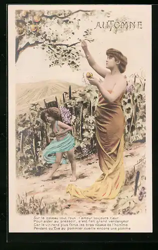 Künstler-AK Automne - Frau und Kind am Apfelbaum, Gedicht