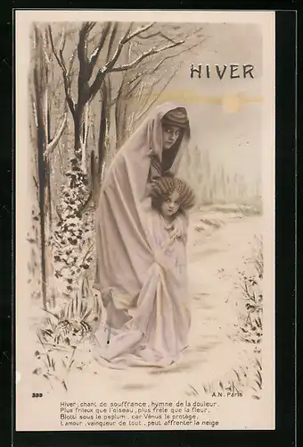 Künstler-AK Hiver - Frau und Kind in Winterlandschaft, Gedicht