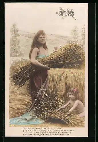 Künstler-AK Eté - Frau und Mädchen im Getreidefeld, Gedicht