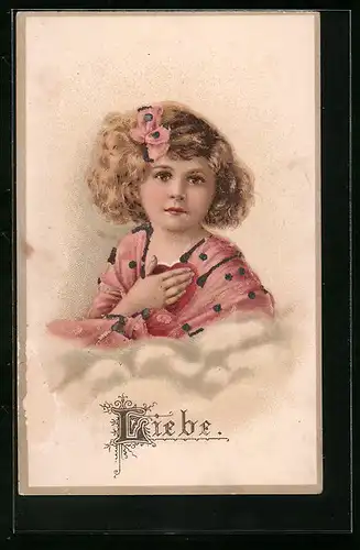 Lithographie Liebe - Kleines Mädchen mit Hand an Herzsymbol