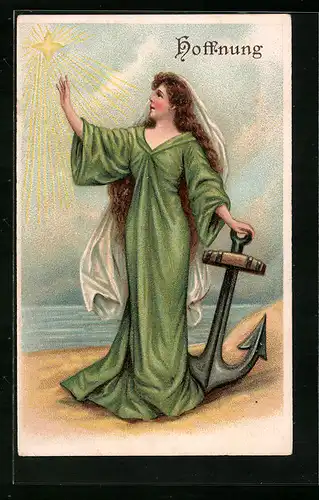 Lithographie Hoffnung - Allegorische Figur mit Anker am Meer