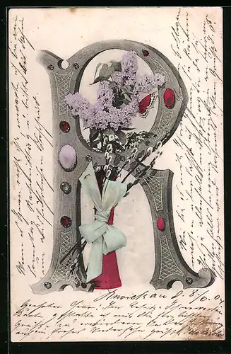 Künstler-AK Buchstabe R und Fliederstrauss