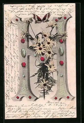 Künstler-AK Buchstabe H und Margeritenstrauss