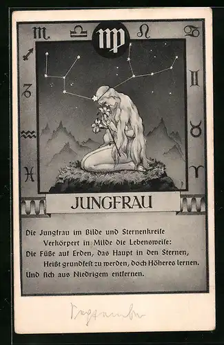 AK Sternzeichen Jungfrau, Die Jungfrau im Bilde und Sternenkreise...