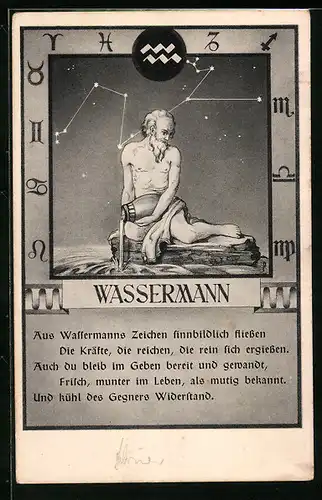 AK Sternzeichen Wassermann, Aus Wassermanns Zeichen sinnbildlich fliessen...