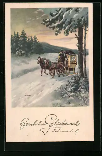 Präge-AK Winterliche Landschaft mit einer Postkutsche, Neujahrsgruss