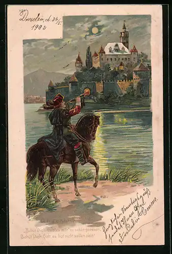 AK Behüt Dich Gott!, Trompeter zu Pferde vor der Stadt bei Mondschein