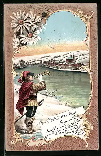 AK Behüt Dich Gott!, Trompeter am Ufer vor der Stadt im Winter