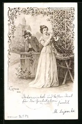 AK Die Ueberraschung, Frau mit Trompete