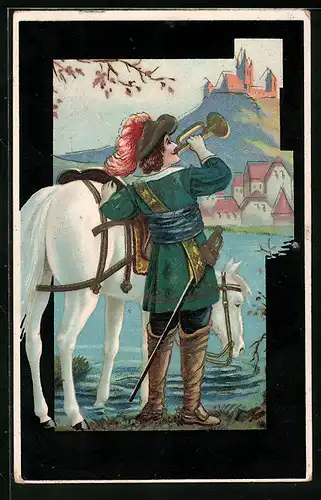 Präge-AK Trompeter mit Pferd am Ufer vor der Stadt