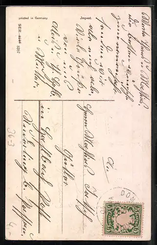 Präge-AK Trompeter mit Pferd am Ufer vor der Stadt