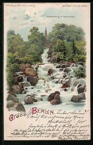 Lithographie Berlin, Wassersturz im Victoria-Park, Halt gegen das Licht