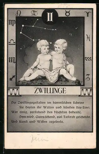 AK Sternzeichen Zwillinge, Die Zwillingsgestalten im himmlischen Scheine...