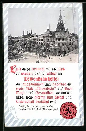 AK München, Löwenbräu-Keller, Trinker-Urkunde mit Siegel