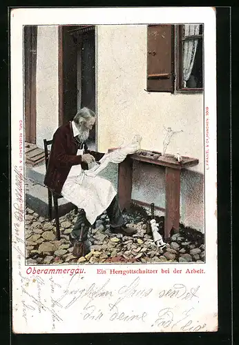 AK Oberammergau, Herrgottschnitzer bei der Arbeit