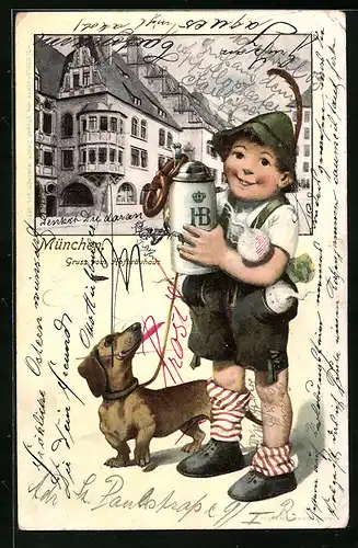 Präge-AK München, Münchner Hofbräuhaus, Bub in Lederhosen und Dackel