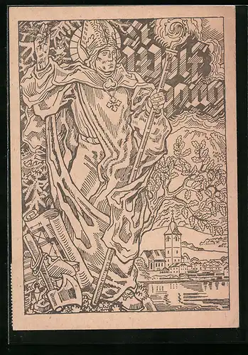 Künstler-AK St. Wolfgang, Patron des Salzkammergutes, hilft Maurern, Zimmerleuten und allen Aufbauenden
