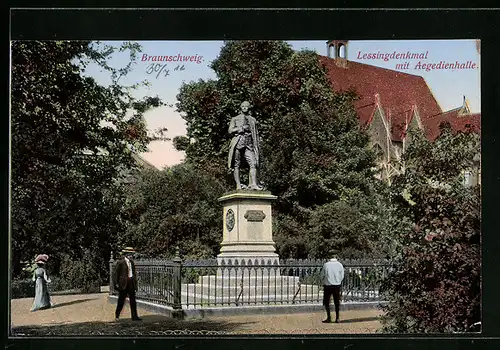 AK Braunschweig, Lessingdenkmal mit Aegedienhalle