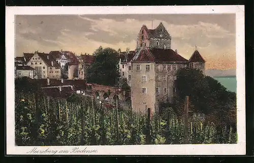 AK Meersburg am Bodensee, Uferpartie mit Burgruine
