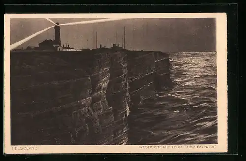 AK Helgoland, Westküste mit Leuchtturm bei Nacht