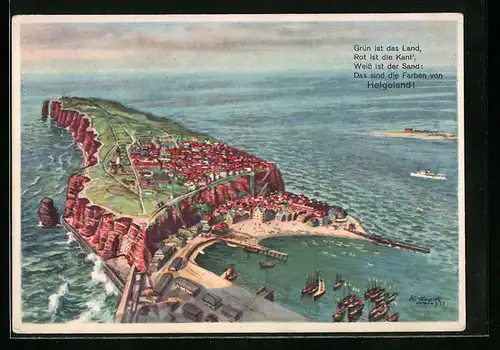 Künstler-AK Helgoland, Totalansicht aus der Vogelschau