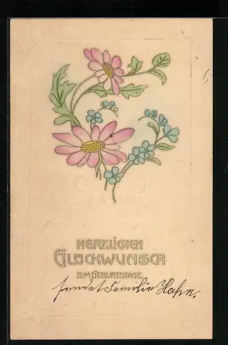 Präge-AK Herzlichen Glückwunsch zum Geburtstag, Blumen