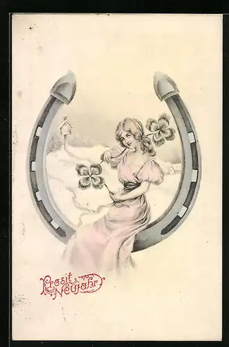 Künstler-AK Dame im Kleid mit Hufeisen und Kleeblättern, Prosit Neujahr