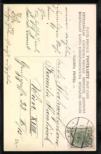 Künstler-AK Dame im Kleid mit Hufeisen und Kleeblättern, Prosit Neujahr