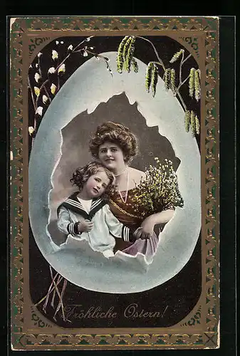 Künstler-AK Mutter und Kind mit Palmkätzchen zu Ostern